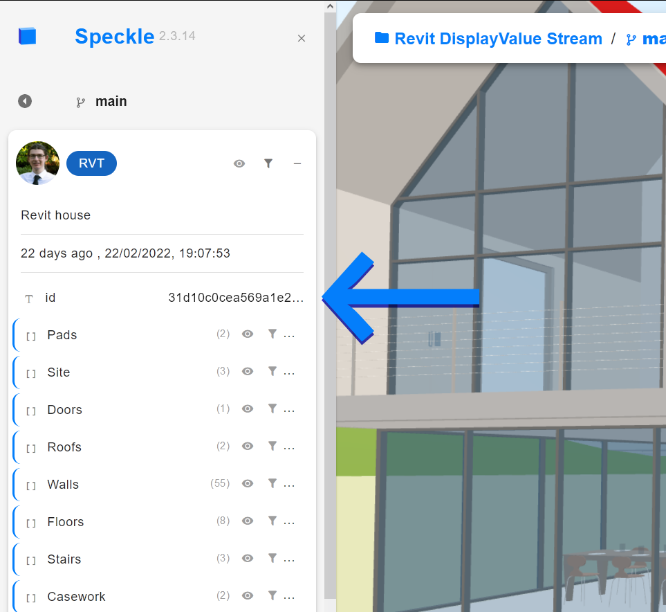 screenshot of the property panel of a Speckle version,> highlighting the object ID of the selected (root) object